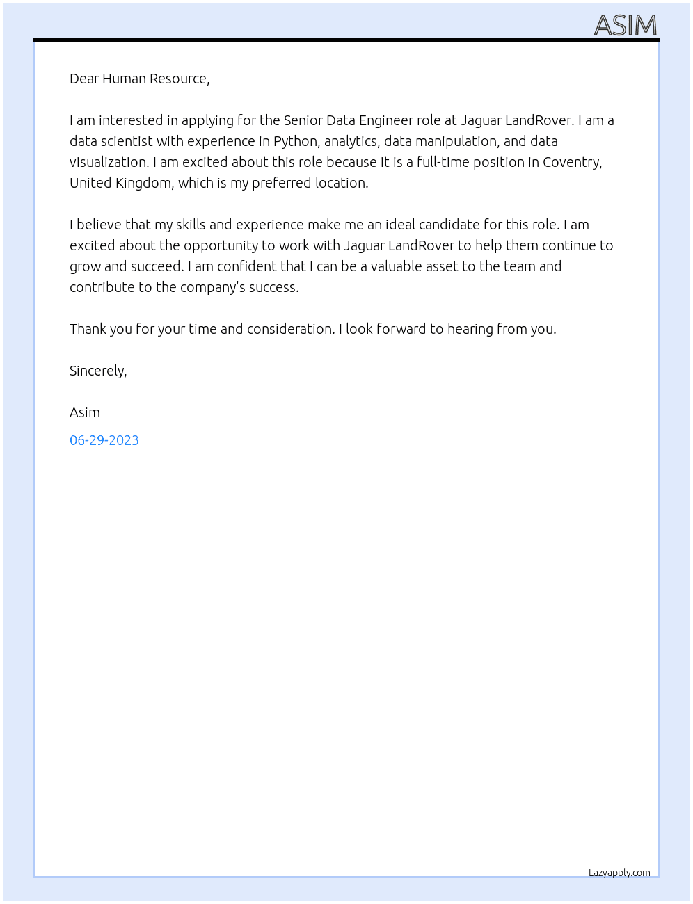 Senior Data Engineer At Jaguar LandRover  Cover Letter
