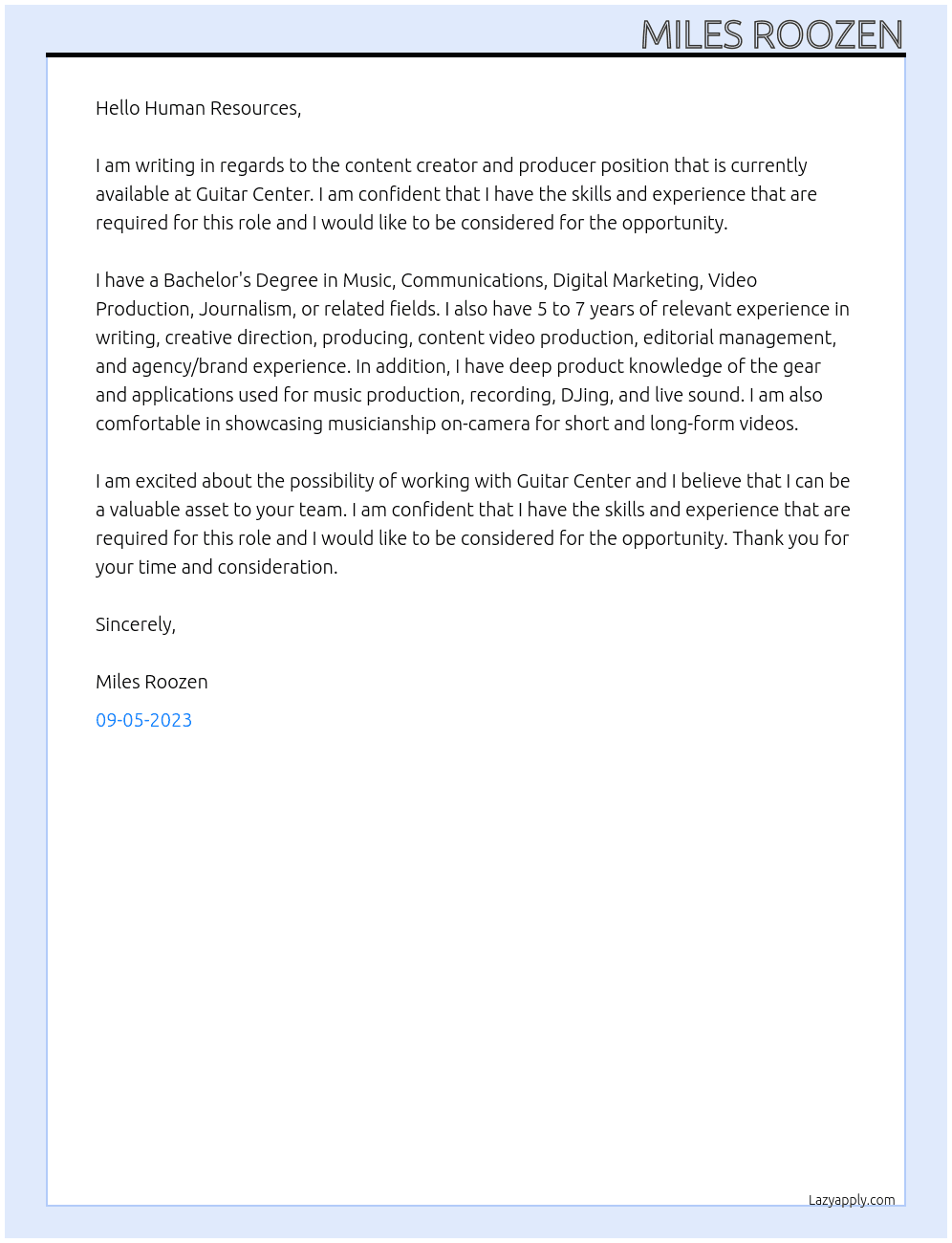 content creator and producer At guitar center Cover Letter