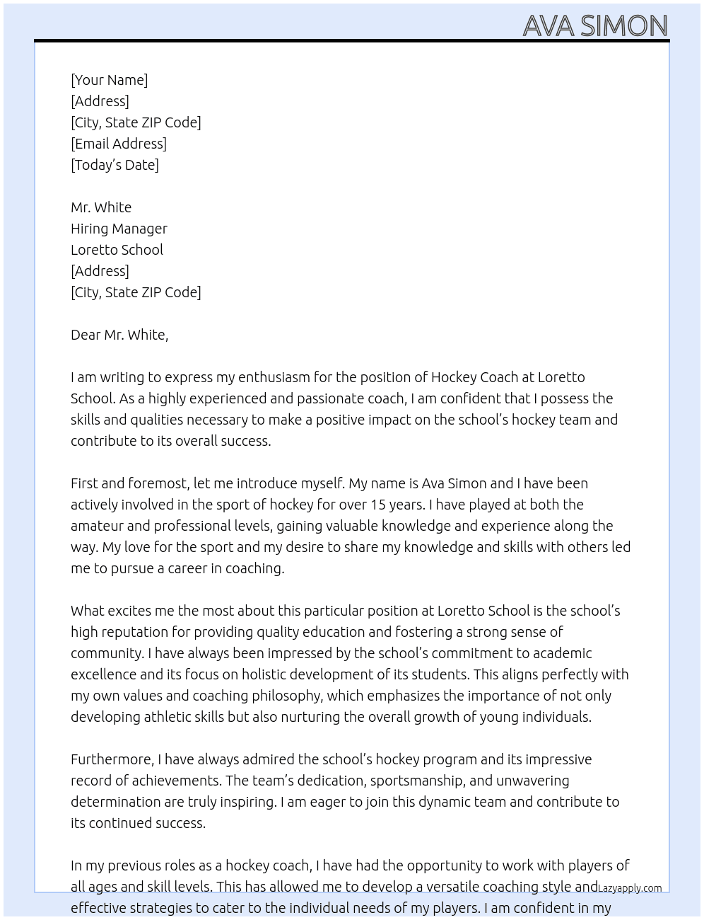 Hockey Coach At Loretto School Cover Letter