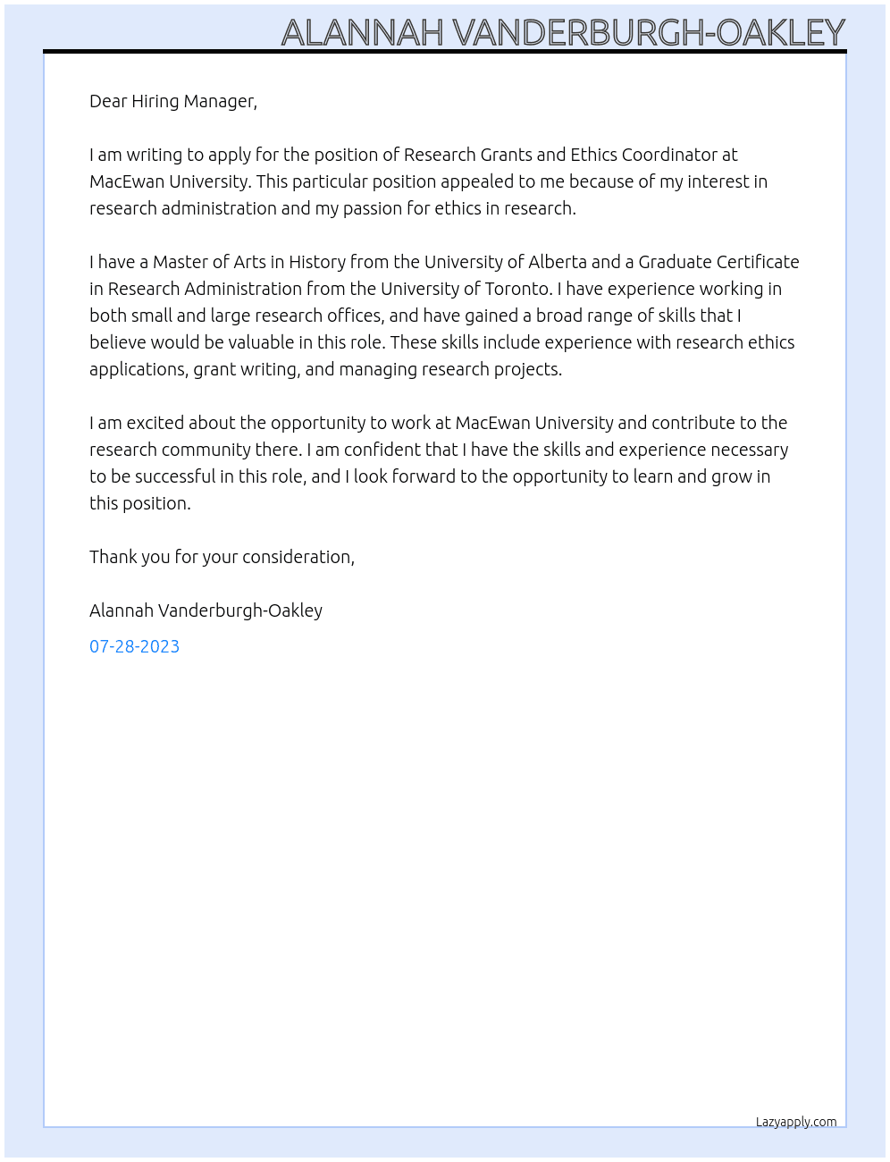 Research Grants and Ethics Coordinator At MacEwan University Cover Letter