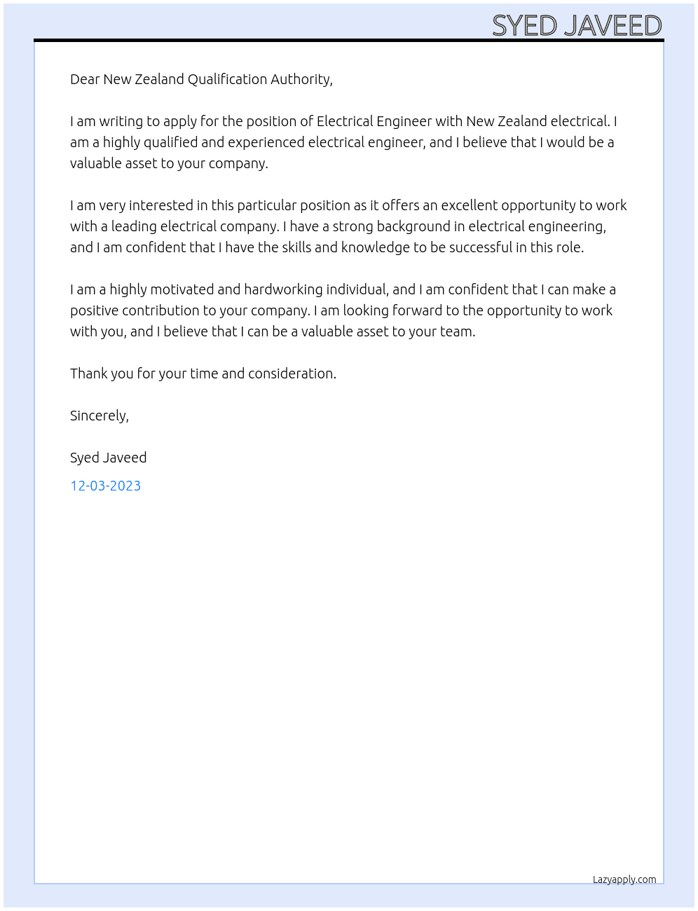 Electrical Engineer At New Zealand electrical Cover Letter
