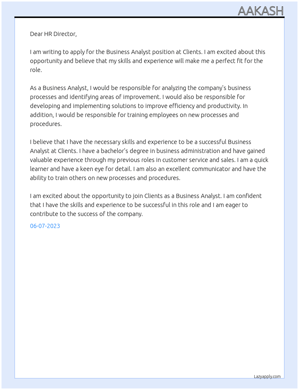 Business analyst At Clients Cover Letter