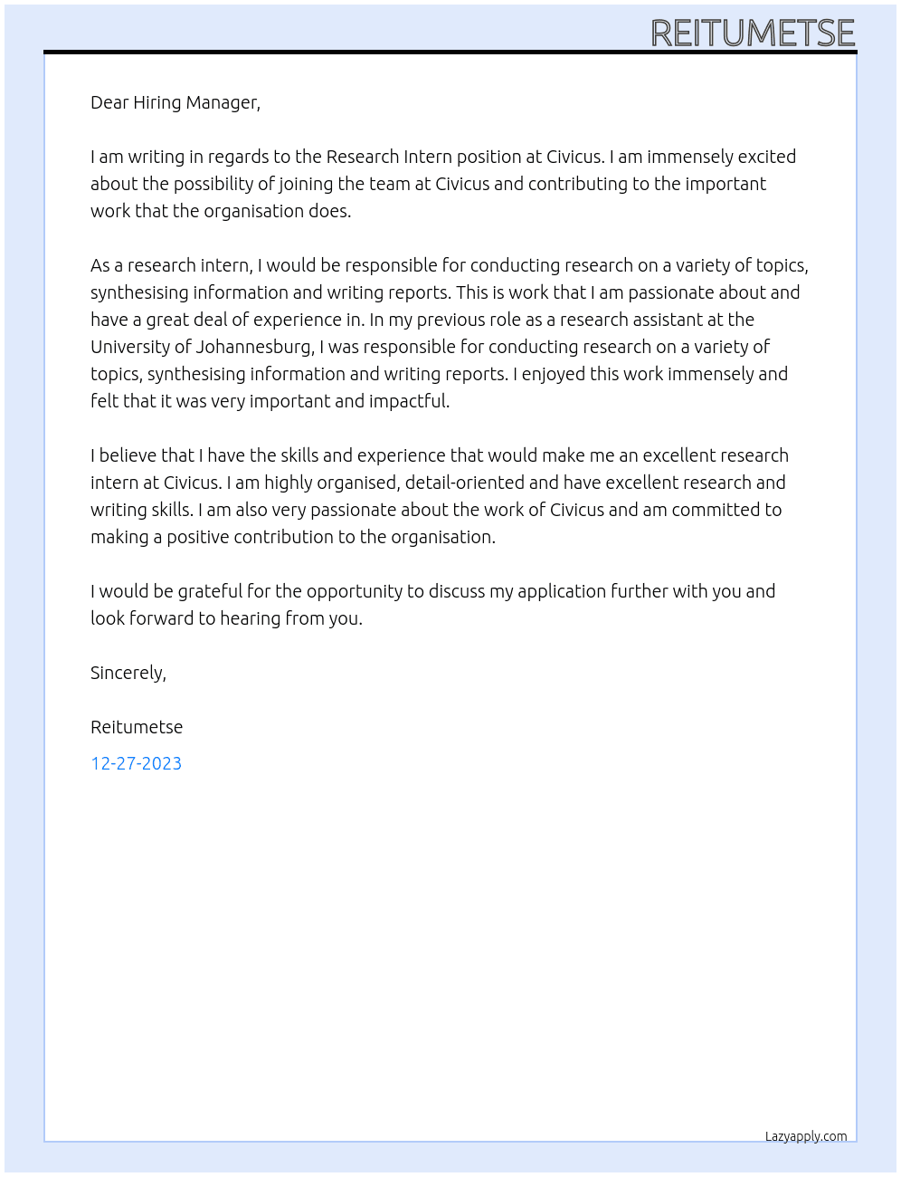 Research Intern  At Civicus Cover Letter