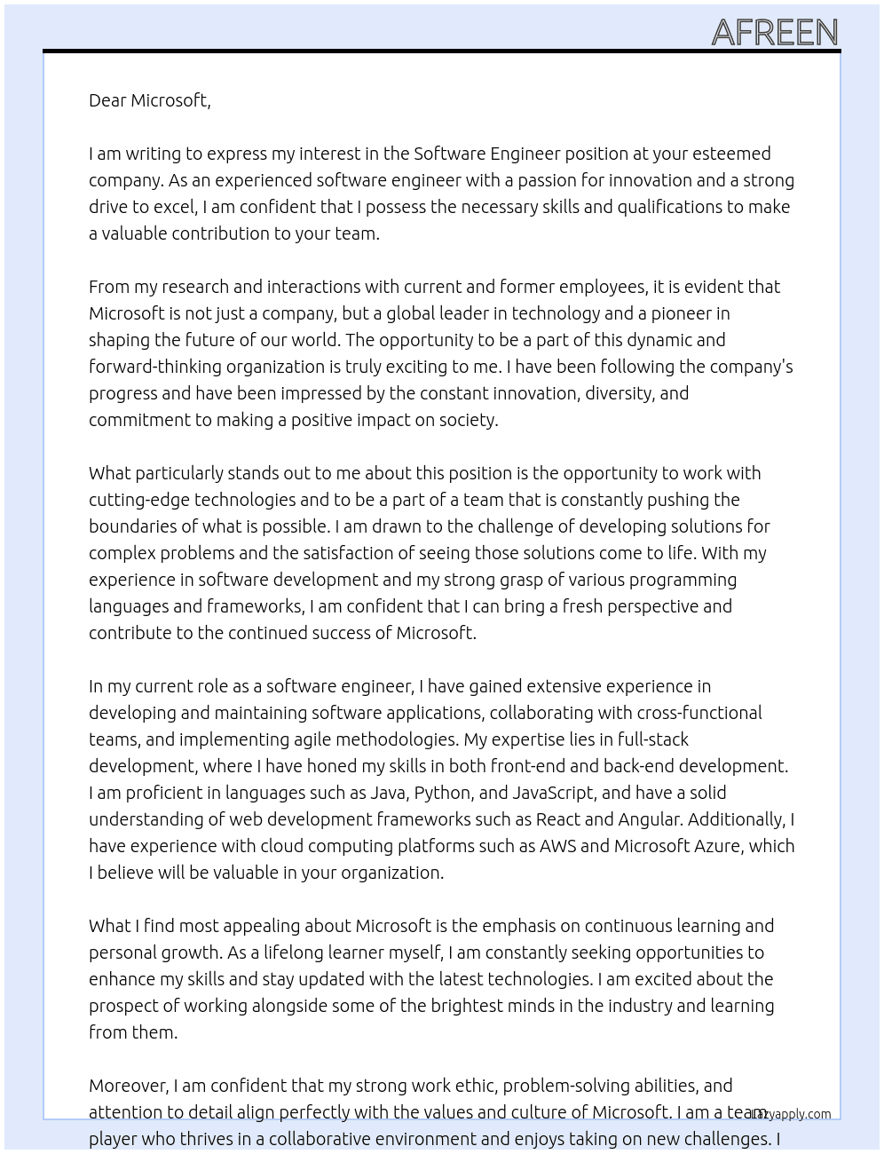 Software Engineer At MIcrossoft Cover Letter