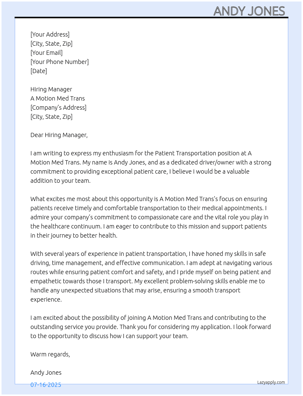 Cover letter for patient transportion - LazyApply