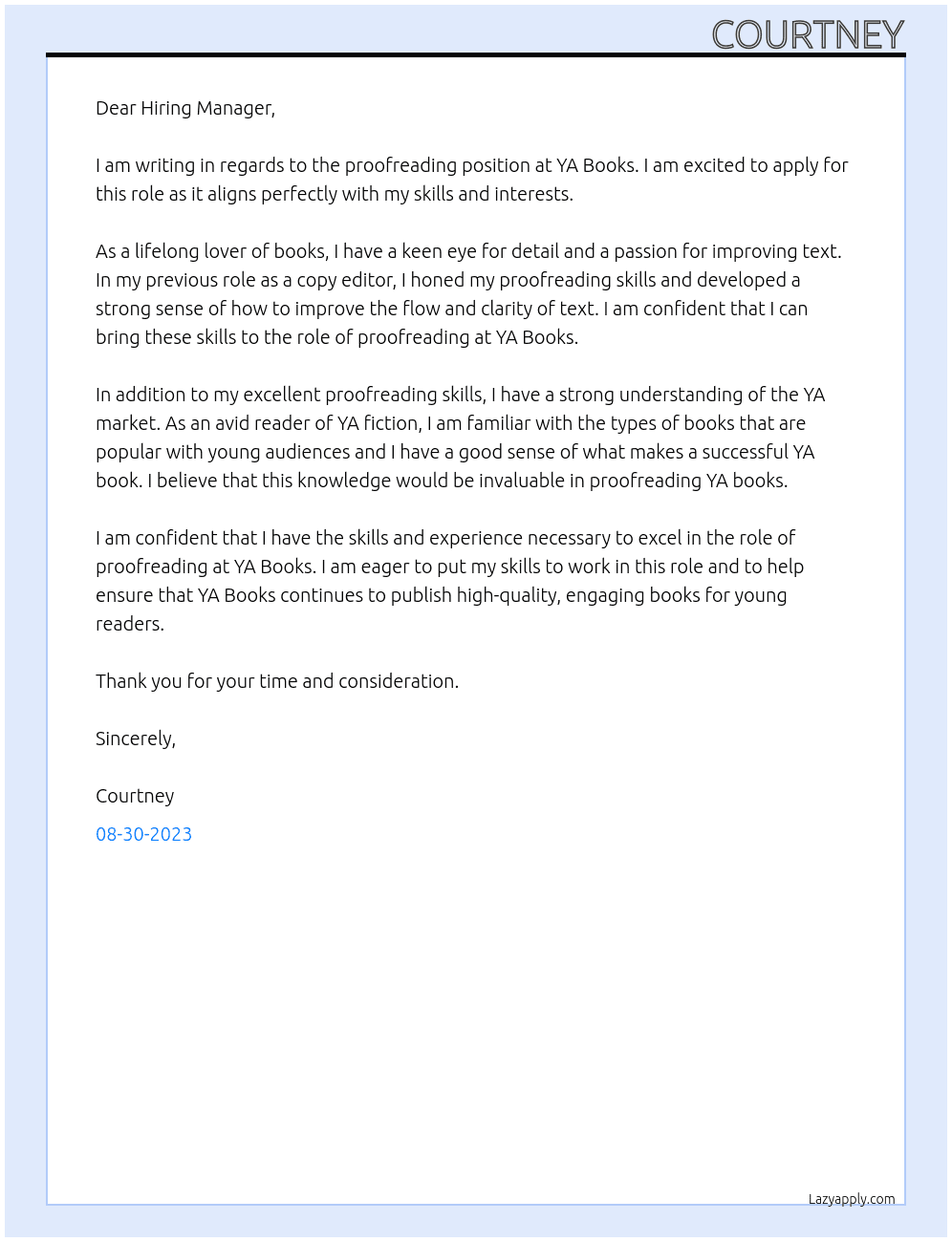 Proofreading  At YA BOOKS Cover Letter
