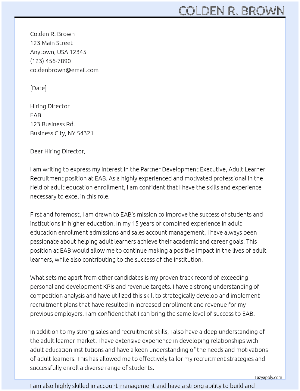 Partner Development Executive, Adult Learner Recruitment At EAB Cover Letter