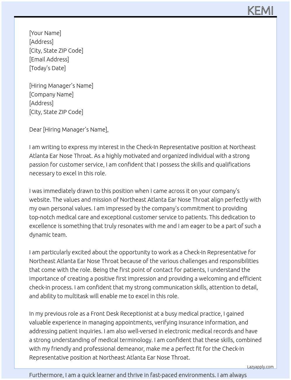 Check in representative  At Northeast atlanta Ear Nose Throat  Cover Letter