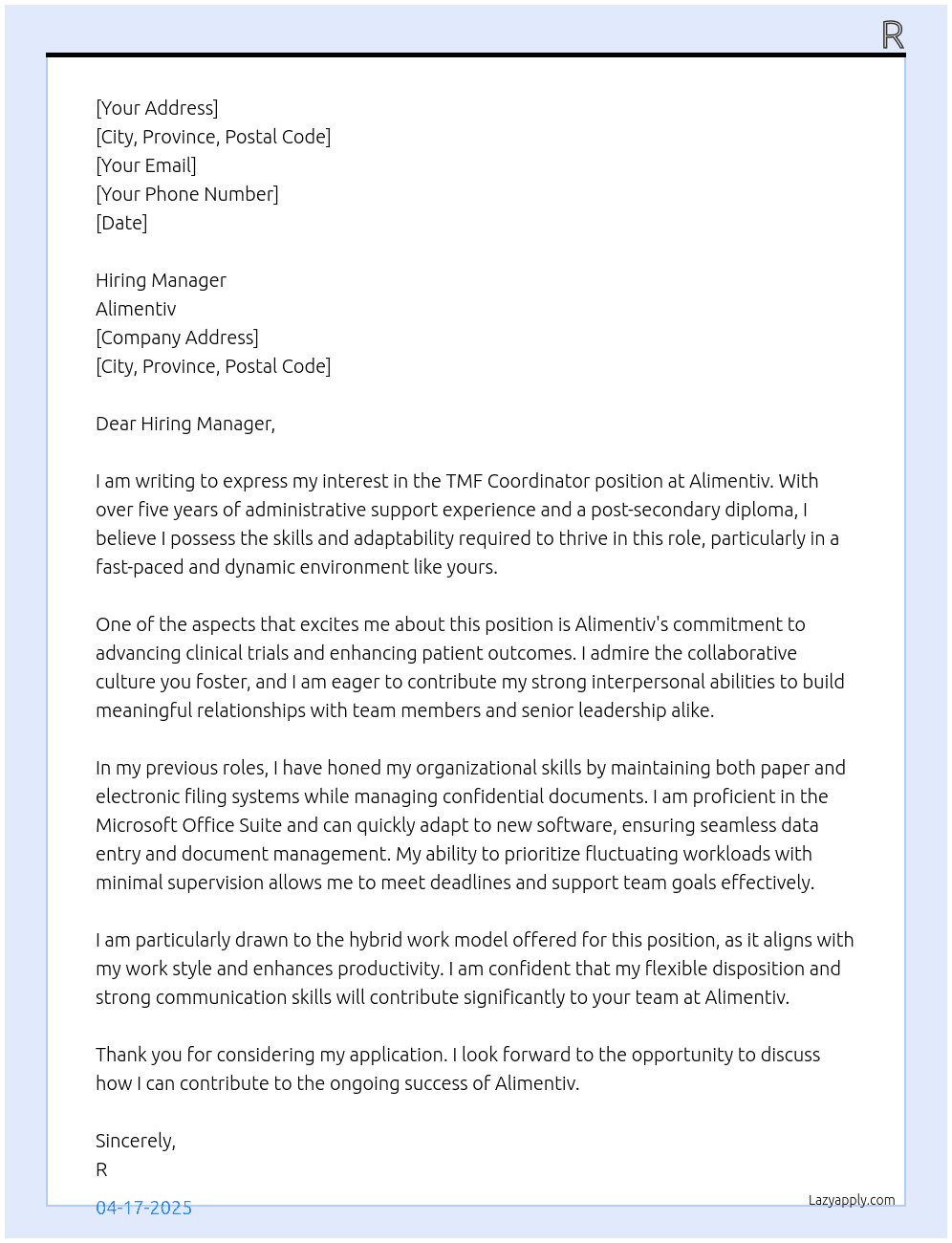 TMF Coordinator At Alimentiv Cover Letter
