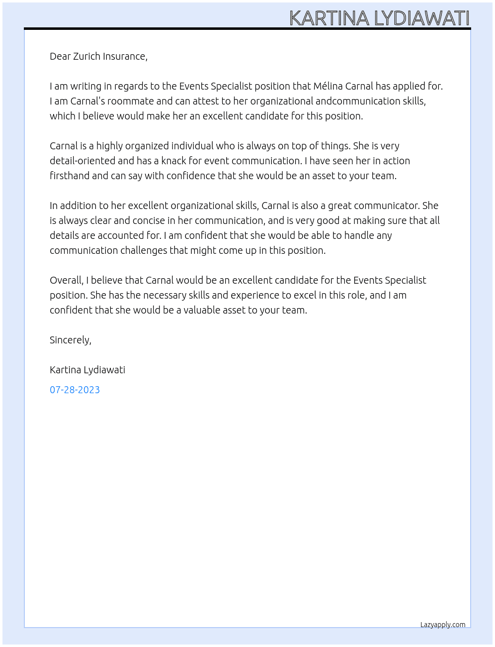 Events Specialist At Zurich Insurance  Cover Letter