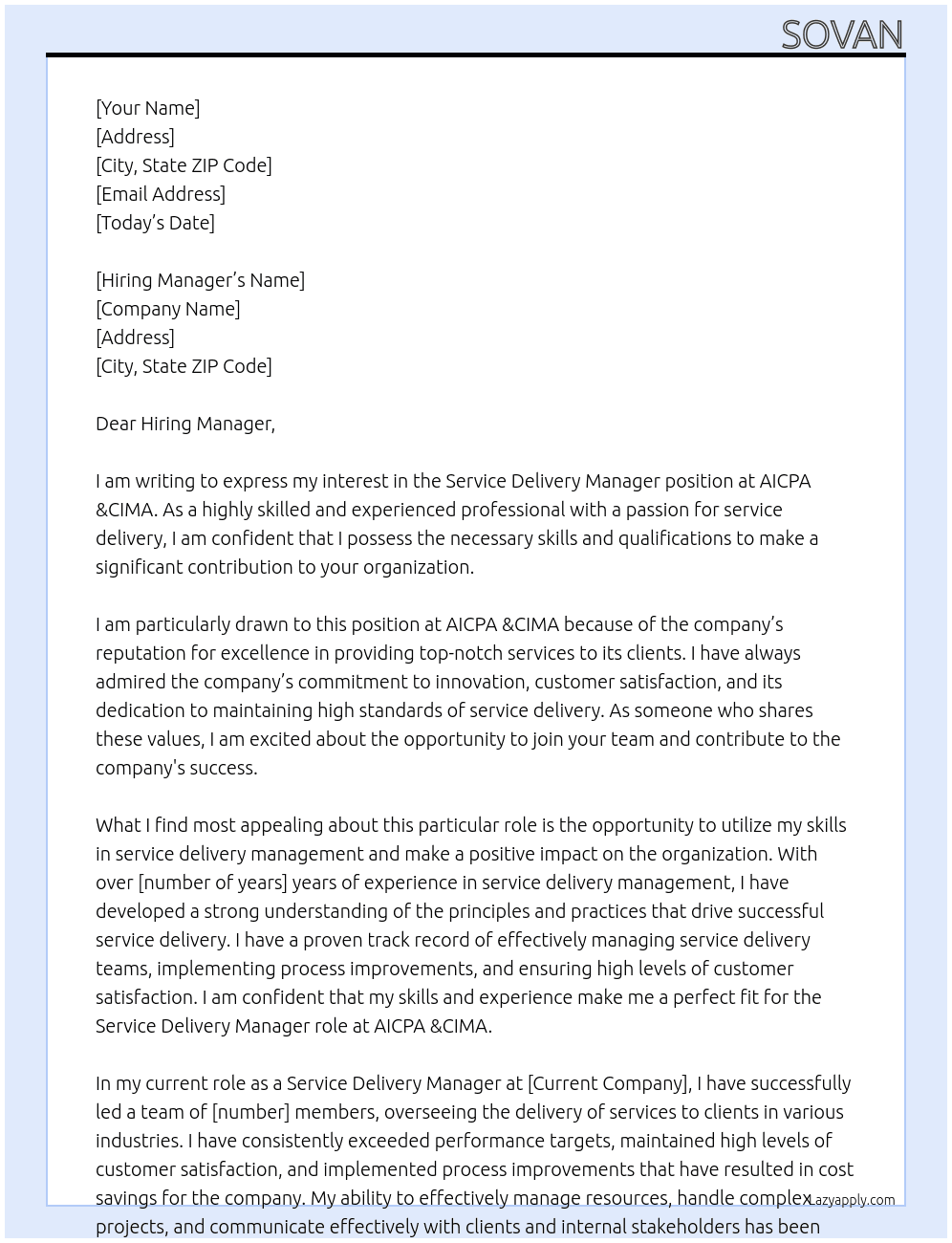 Service delivery manager At AICPA &CIMA Cover Letter