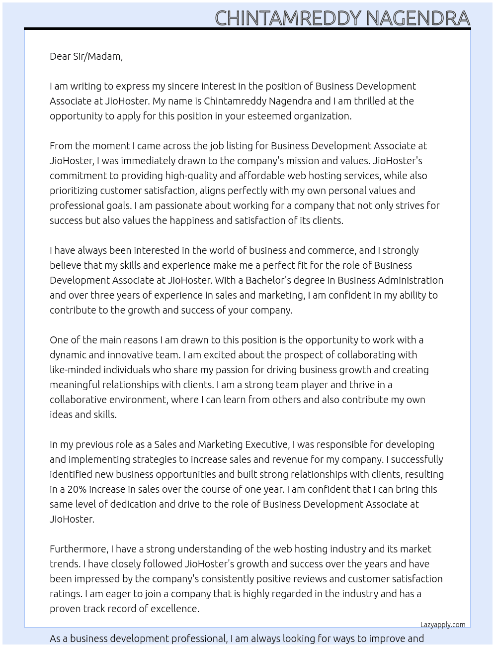 Business development associate At JioHoster Cover Letter