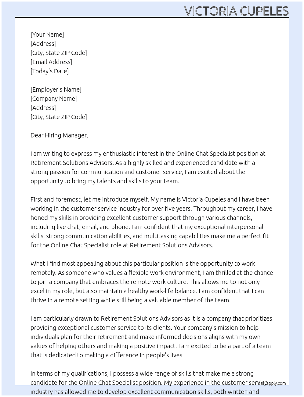 Online Chat Specialist  At Retirement Solutions Advisors Cover Letter