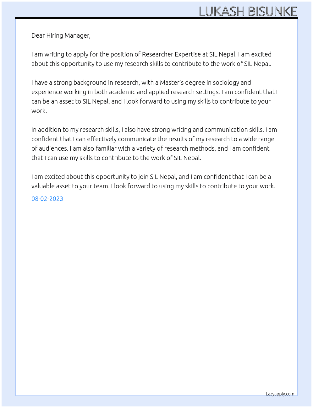 Researcher Expertise   At SIL Nepal Cover Letter
