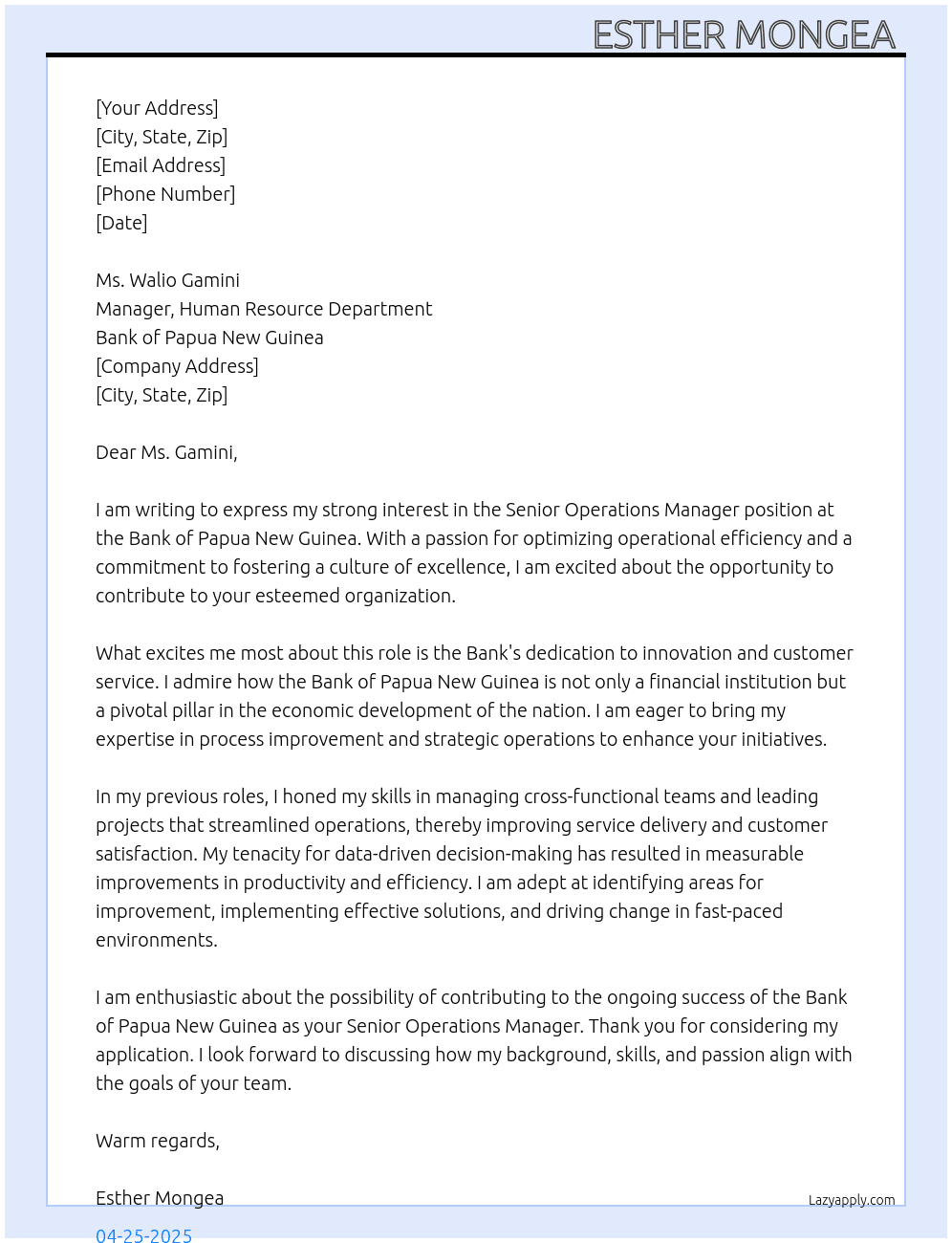 Senior Operations Manager At Bank of PapuaNew Guinea Cover Letter