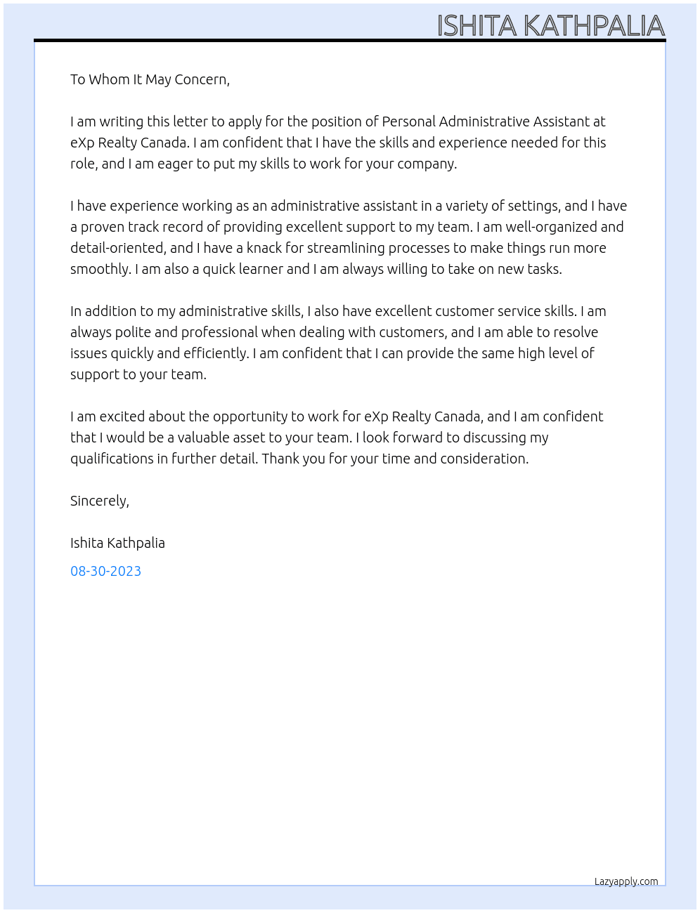 Personal Administrative Assistant At eXp Realty Canada Cover Letter