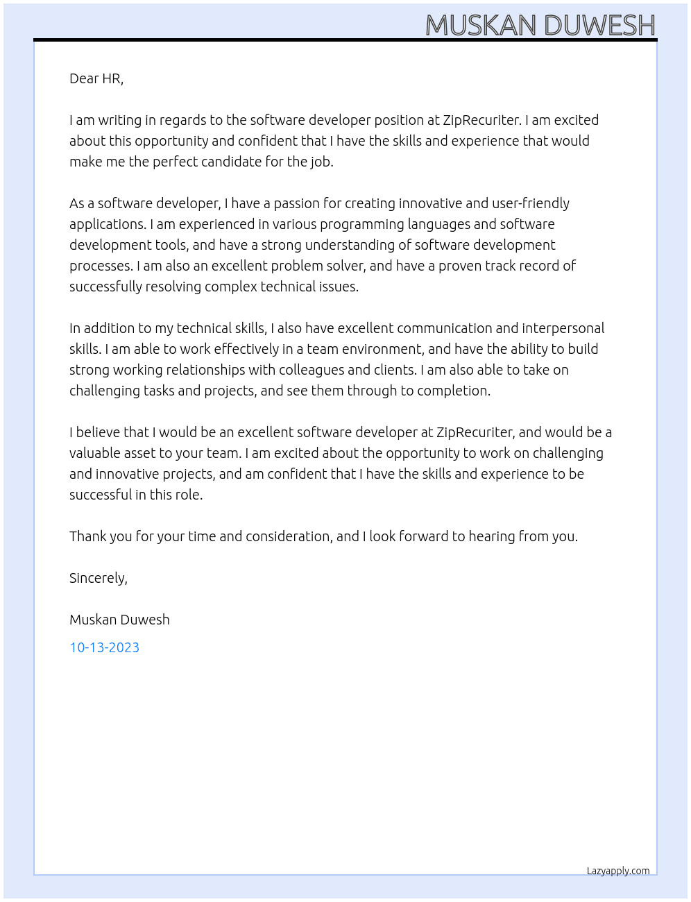 software developer At ZipRecuriter Cover Letter