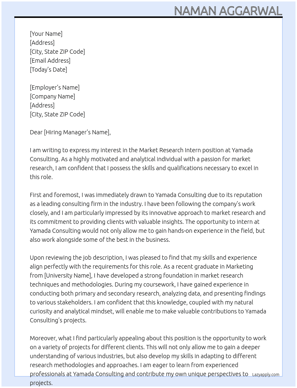 Market research intern At Yamada consulting Cover Letter