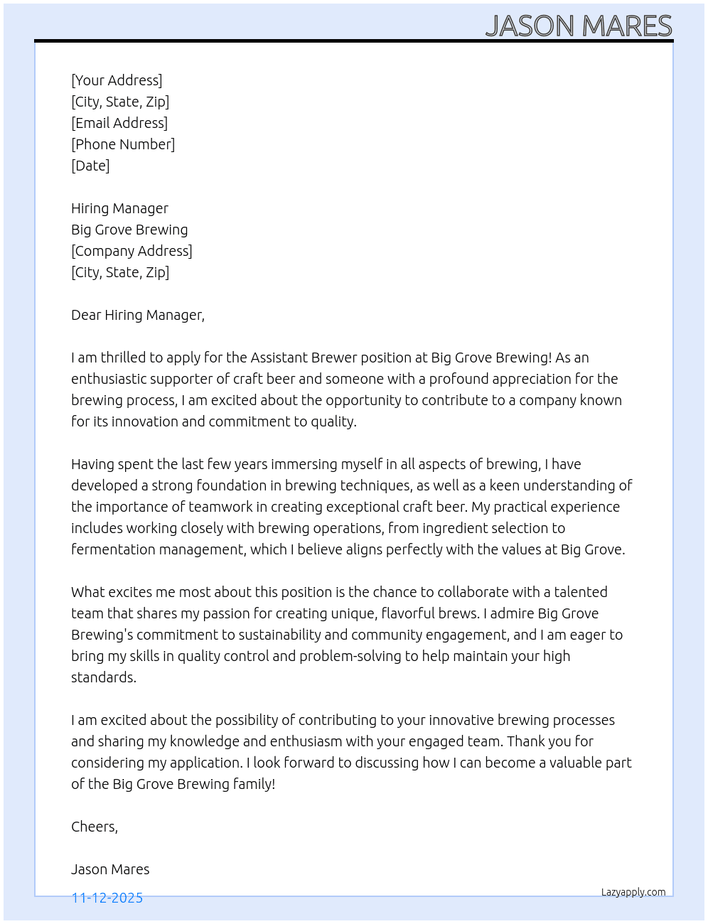 Assistant Brewer At Big Grove Brewing Cover Letter