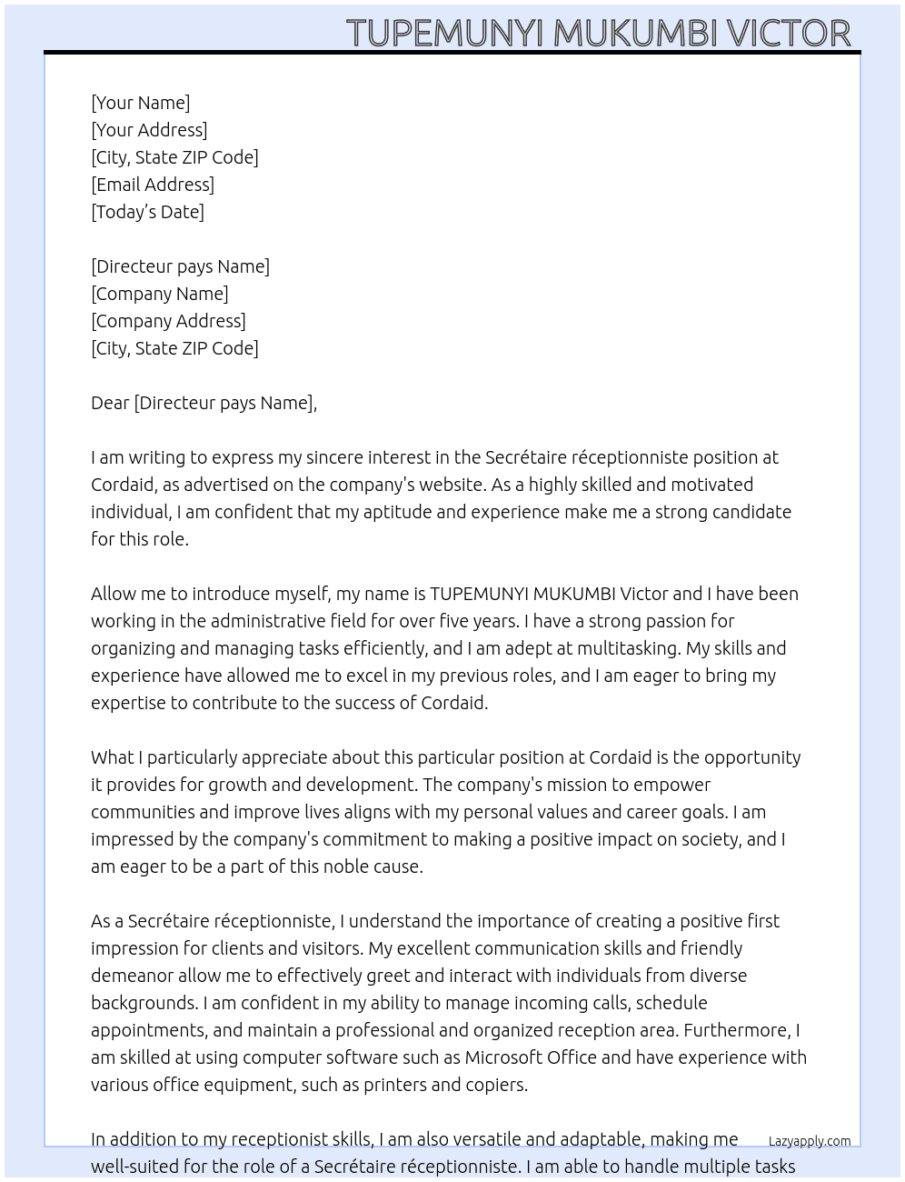 Secrétaire réceptionniste  At Cordaid  Cover Letter