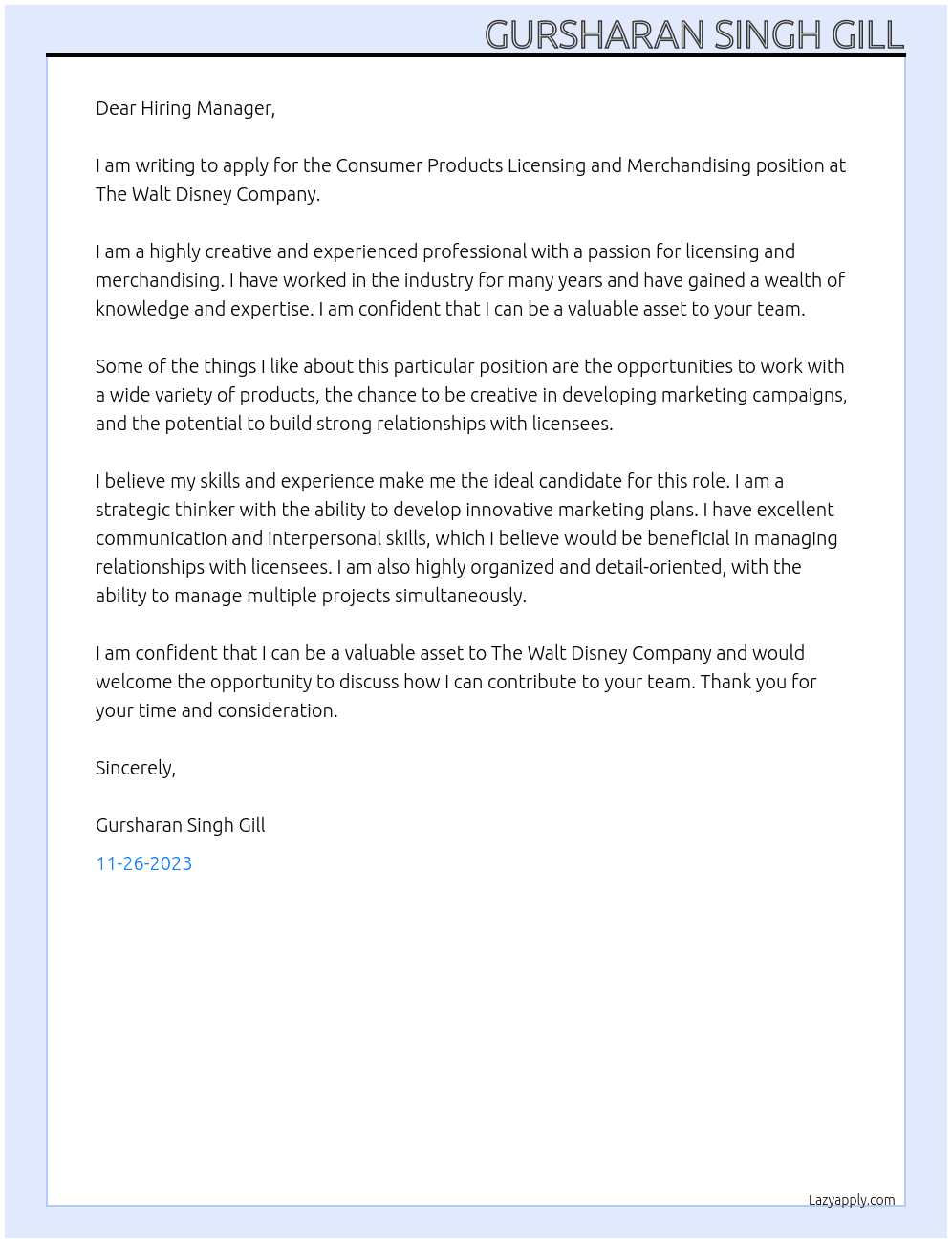 Consumer Products Licensing and Merchandising At The Walt Disney Company Cover Letter