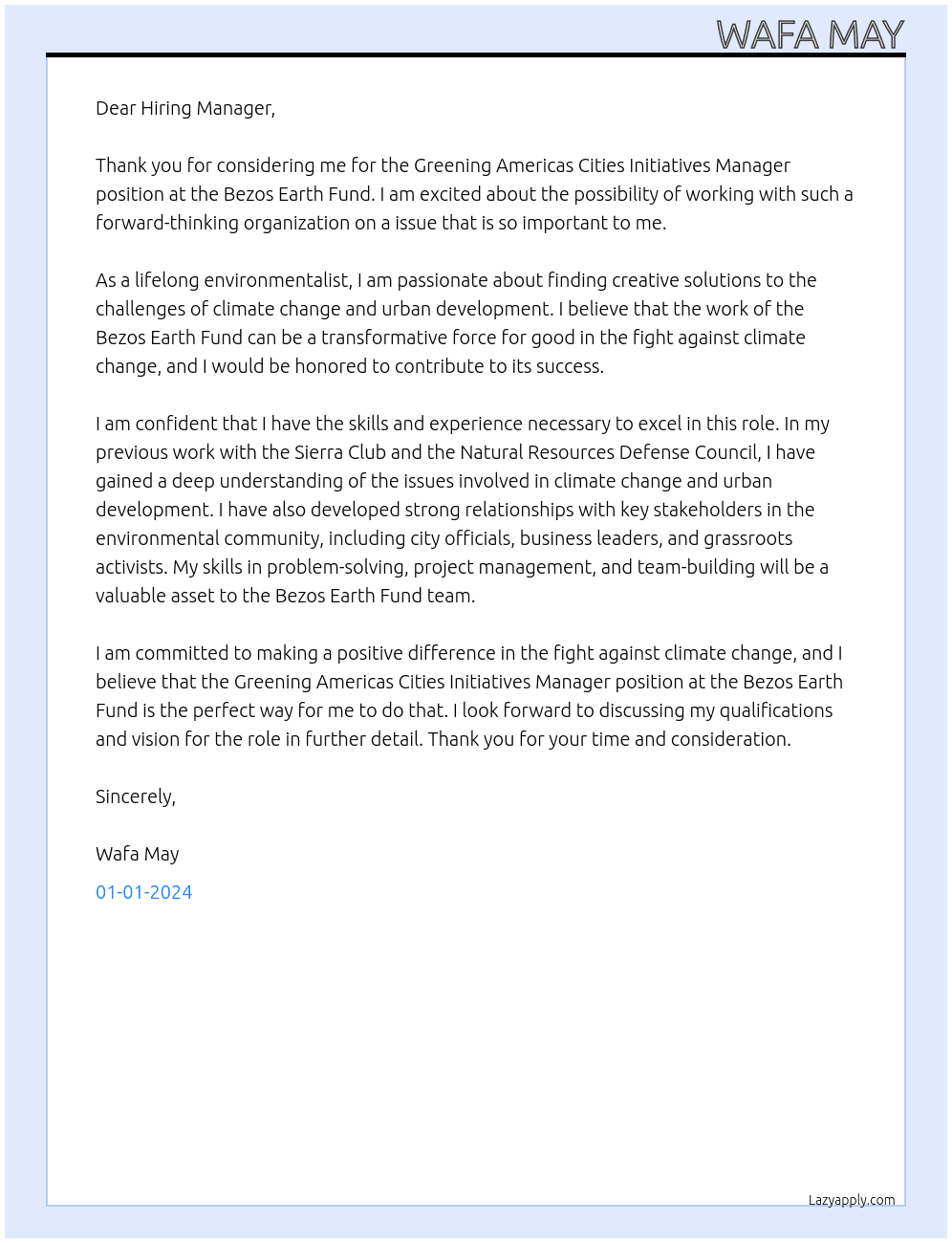 Greening Americas Cities Initiatives Manager At Bezos Earth Fund Cover Letter