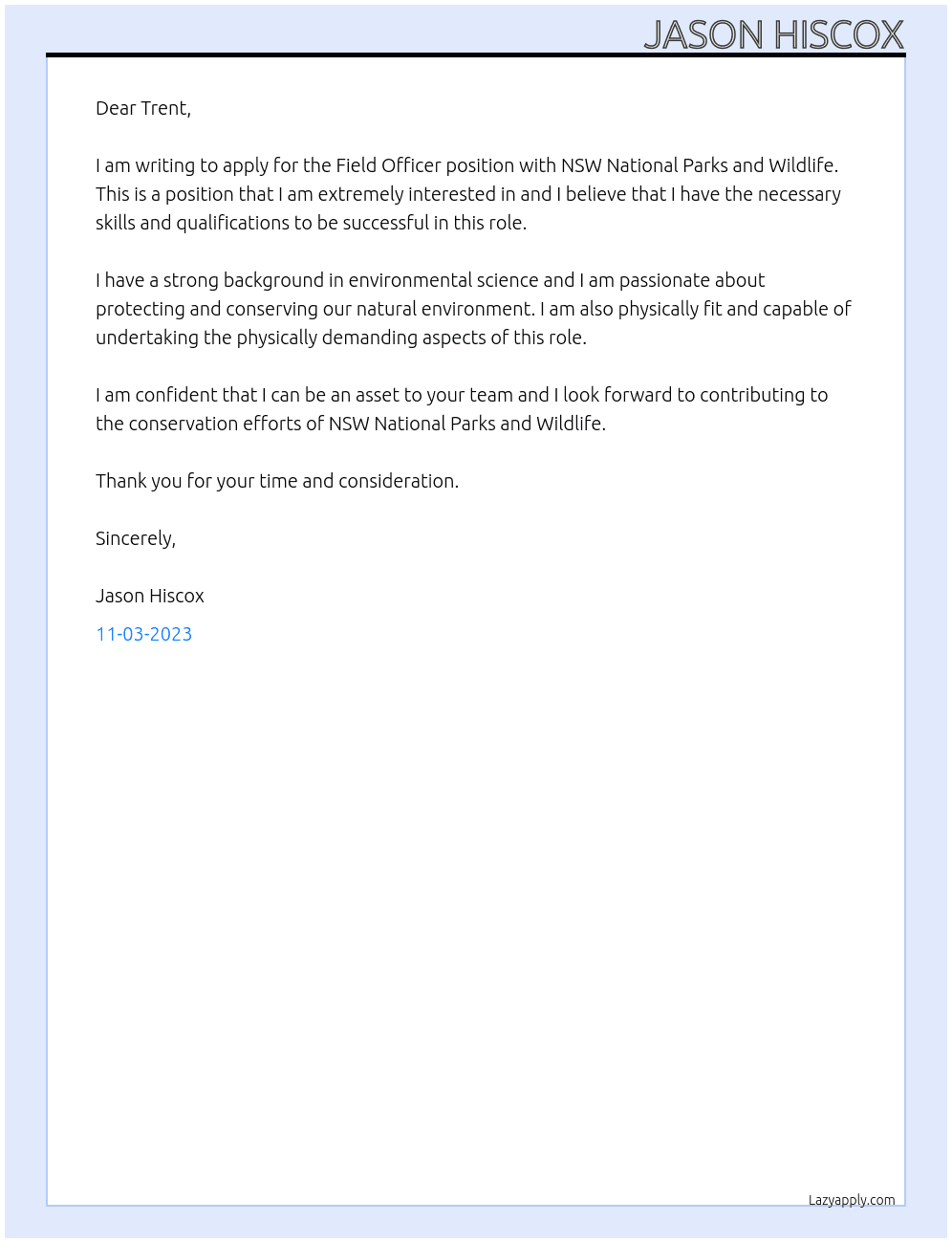 Field Officer At NSW National Parks and Wildlife Cover Letter