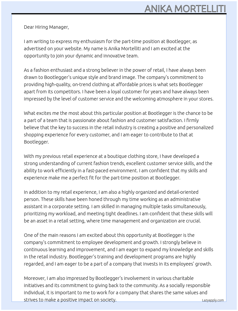 part time  At bootlegger  Cover Letter