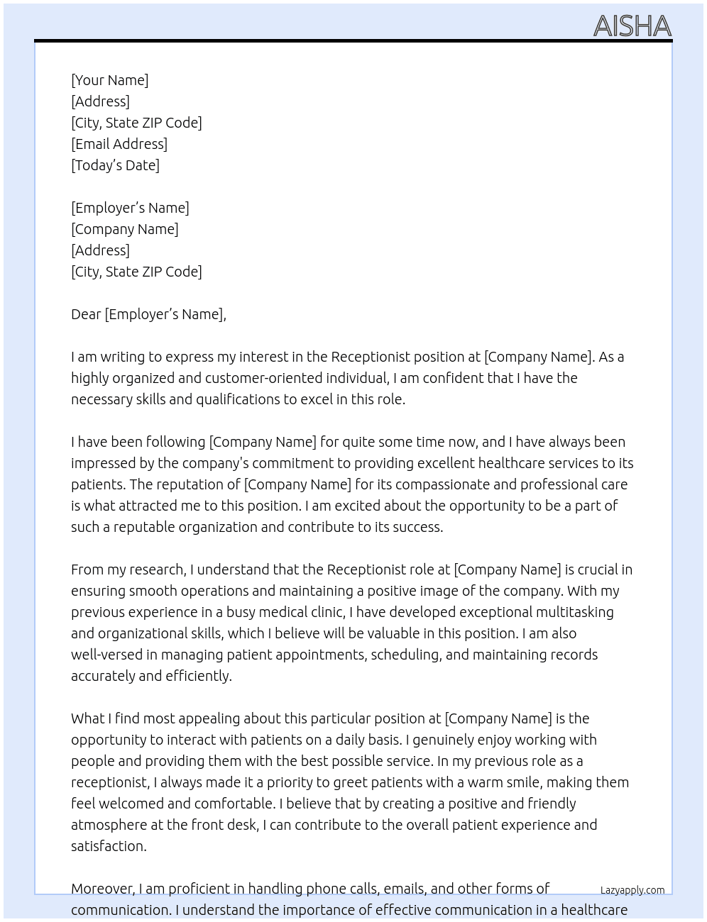 Receptionist  At Clinic Cover Letter