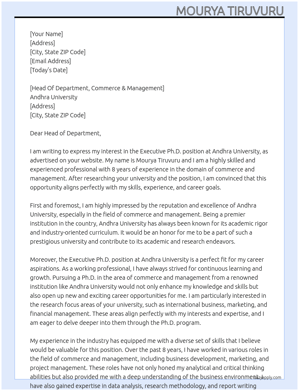 Executive Ph.D. At Andhra University Cover Letter
