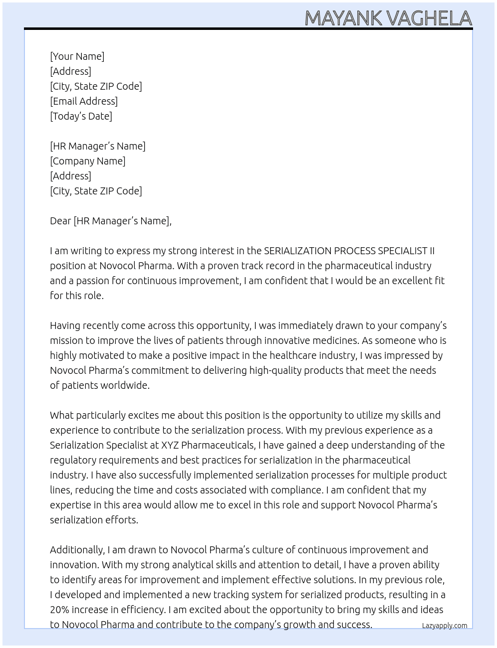 SERIALIZATION PROCESS SPECIALIST II At Novocol Pharma  Cover Letter