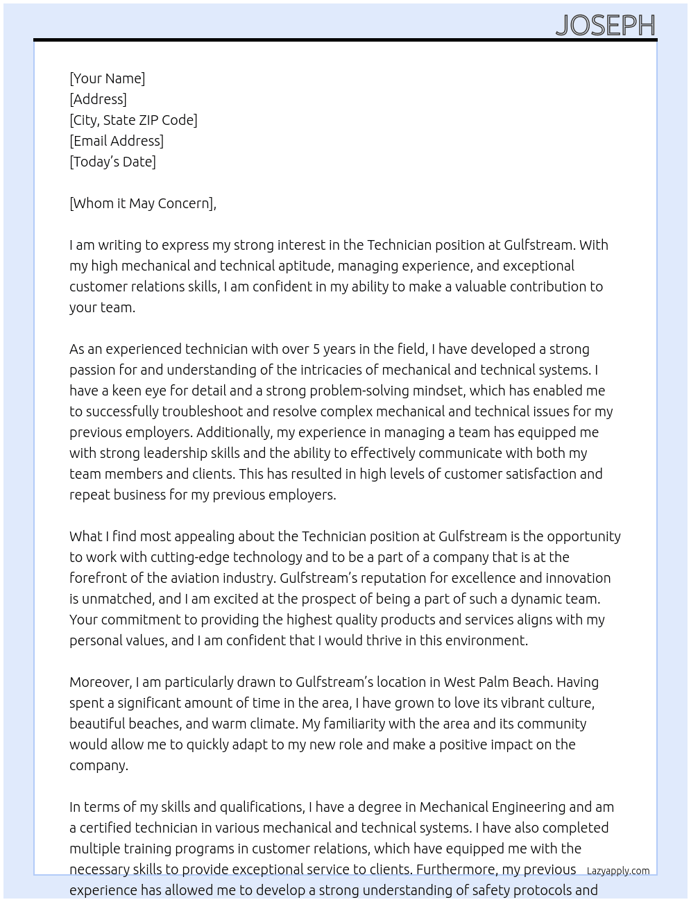 Technician At Gulfstream Cover Letter