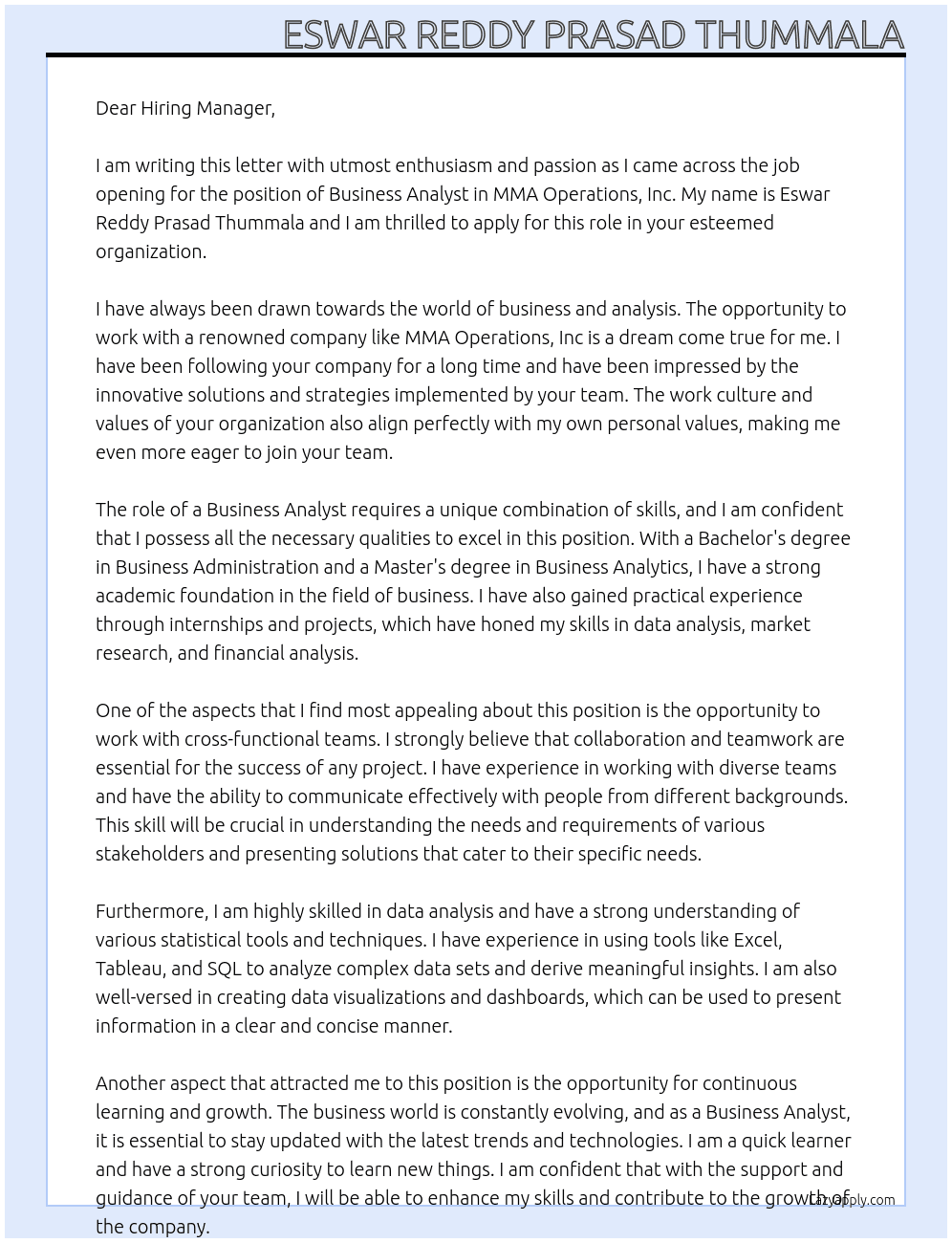 Business analyst At MMA Operations, Inc Cover Letter