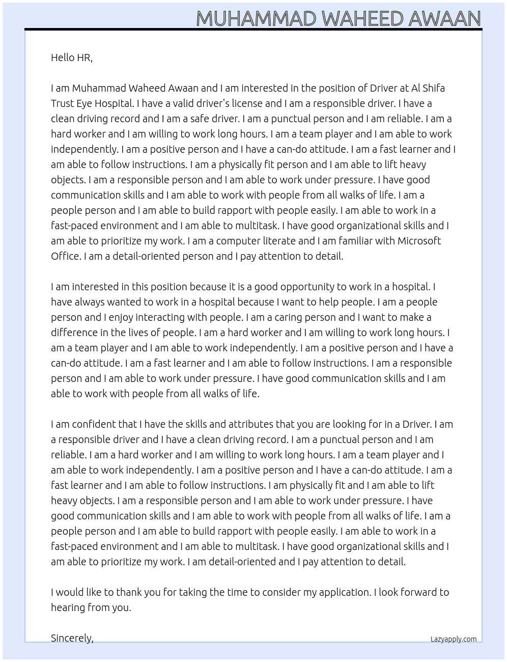 Driver At Al Shifa Trust Eye Hospital Cover Letter