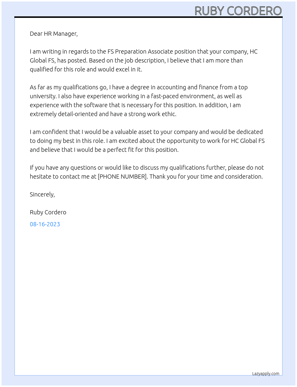 FS Preparation Associate At HC Global FS Cover Letter