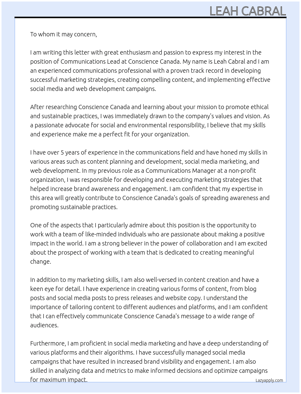 Communications Lead At Conscience Canada Cover Letter