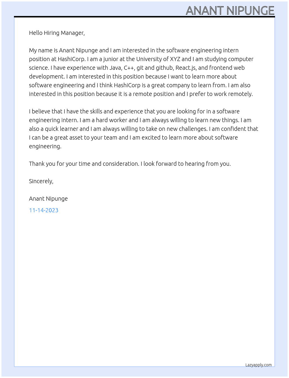 Software Engineering Intern (Undergraduate) At HashiCorp Cover Letter