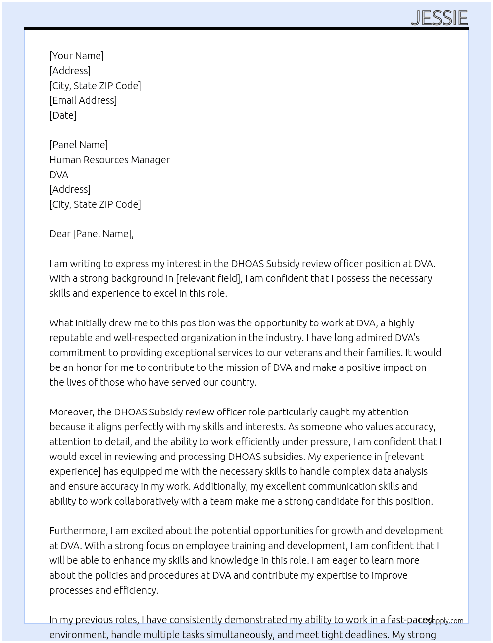 DHOAS Subsidy review officer At DVA Cover Letter