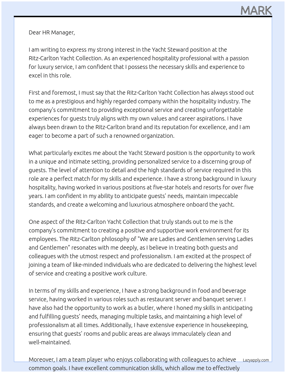 Yatch steward At Ritz carlton yatch collection Cover Letter