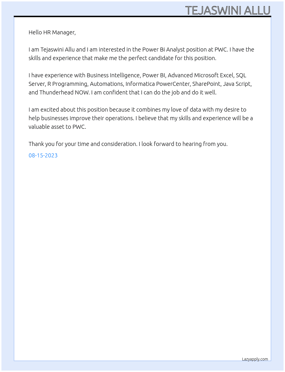Power Bi Analyst At PWC Cover Letter
