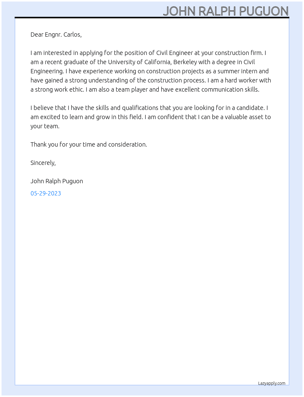 Civil Engineering At Construction Firm Cover Letter