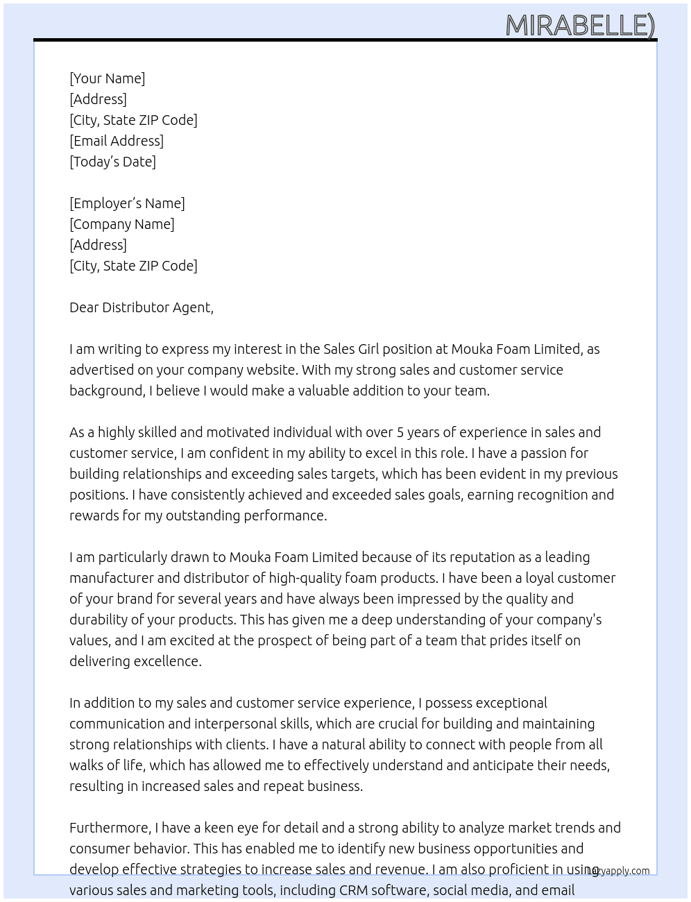 Sales girl  At Mouka foam limited  Cover Letter