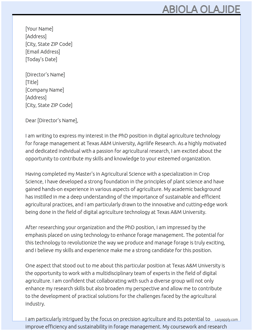 PhD position in digital agriculture Technology for Forage Management  At Texas A&M University, Agrilife Research  Cover Letter