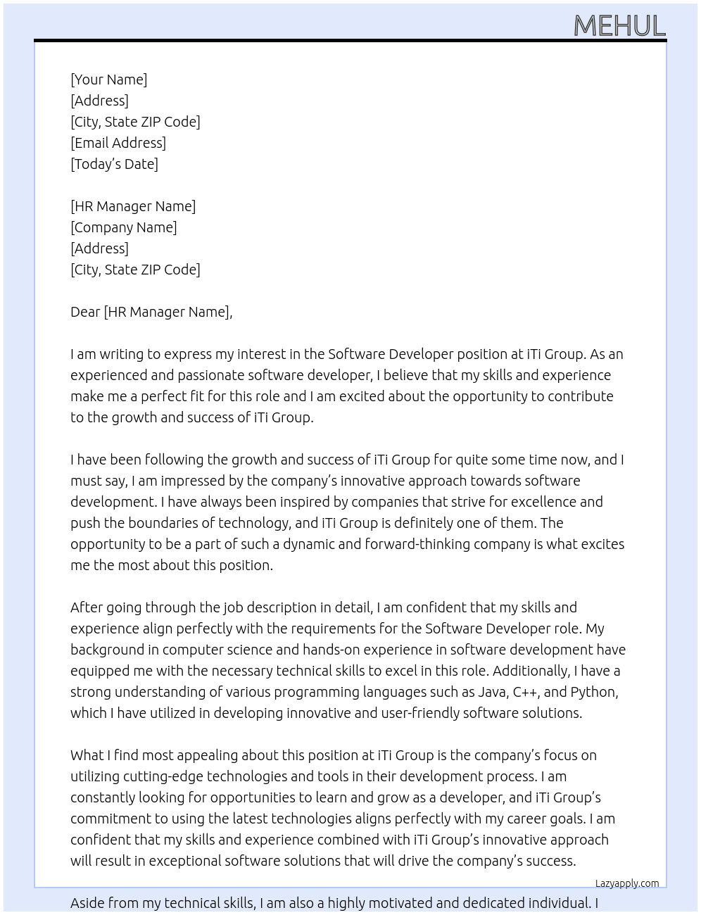 Software Developer At iTi Group Cover Letter