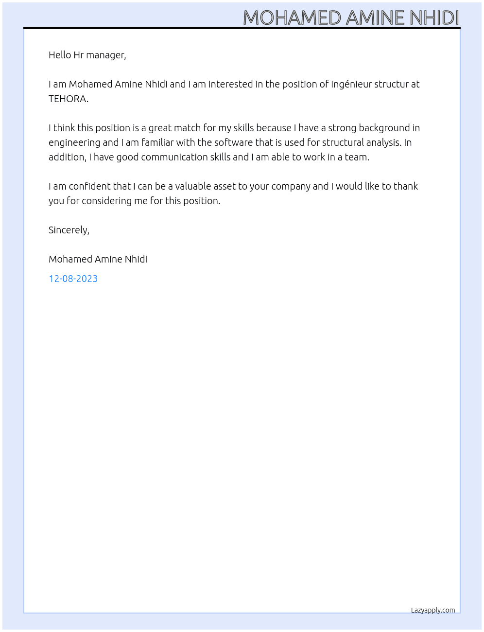Ingénieur structur At TEHORA Cover Letter