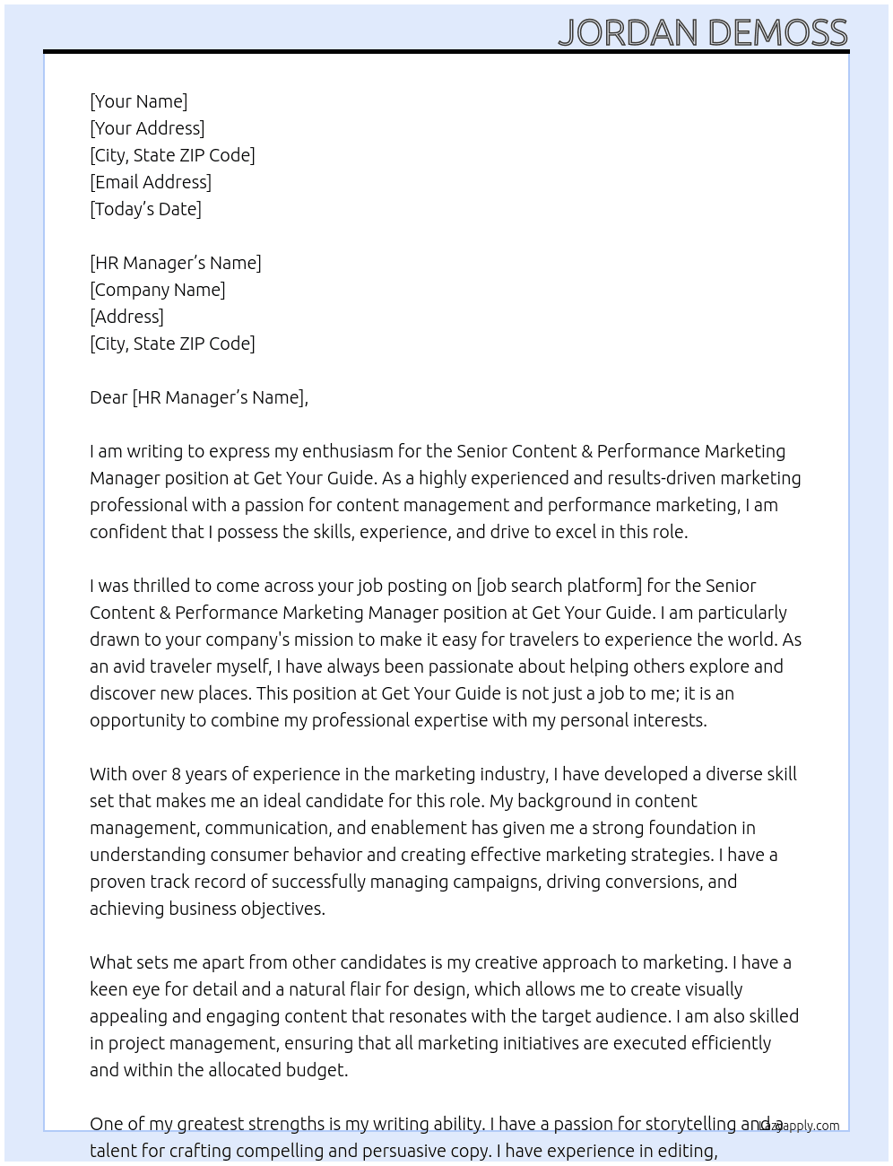 Senior Content & Performance Marketing Manager At Get Your Guide Cover Letter
