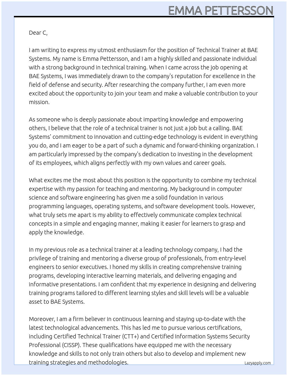 Technical trainer At BAE System Cover Letter