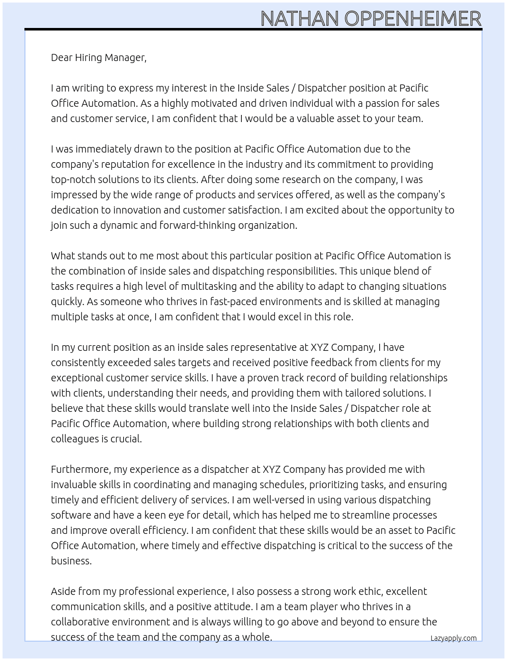 Inside Sales / Dispatcher At Pacific Office Automation Cover Letter