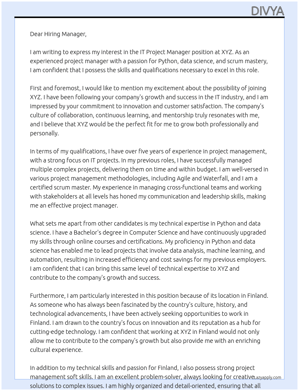 IT Project Manager At XYZ Cover Letter