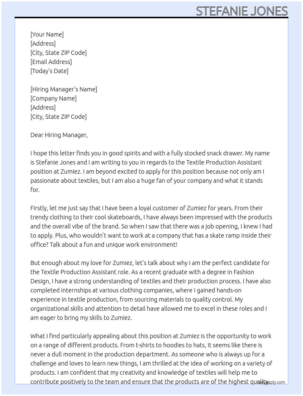 Textile Production Assistant At Zumiez Cover Letter
